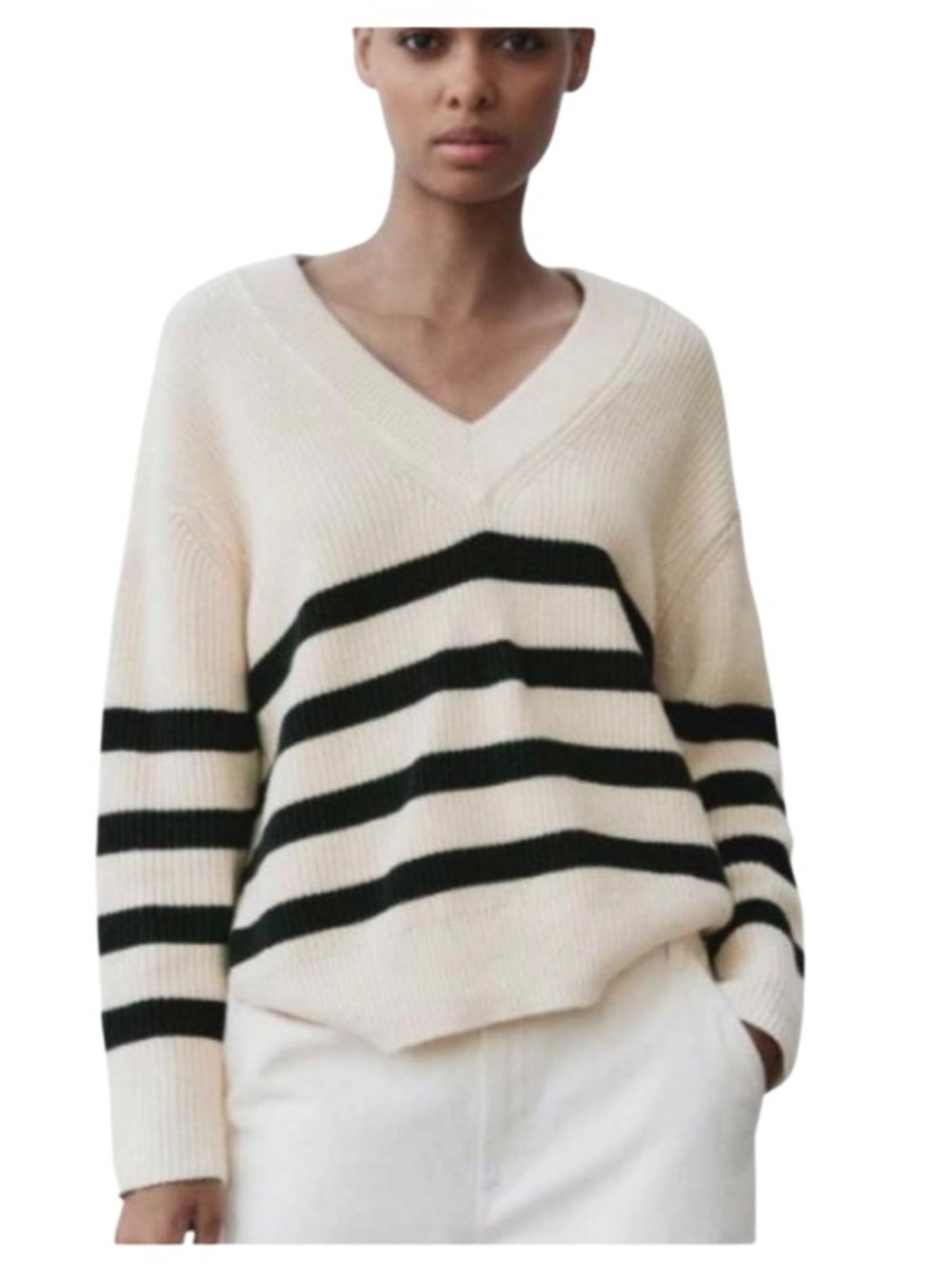 Zara V Neck Stripped Cotton Sweater